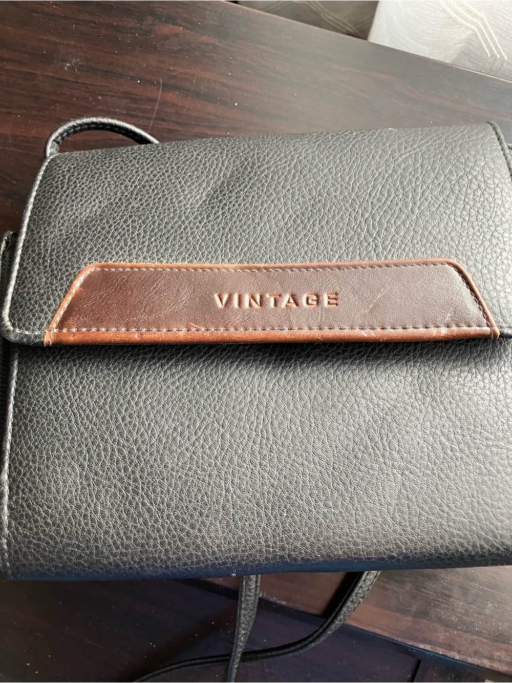 Vintage Black Messenger Bag with Brown Accent
